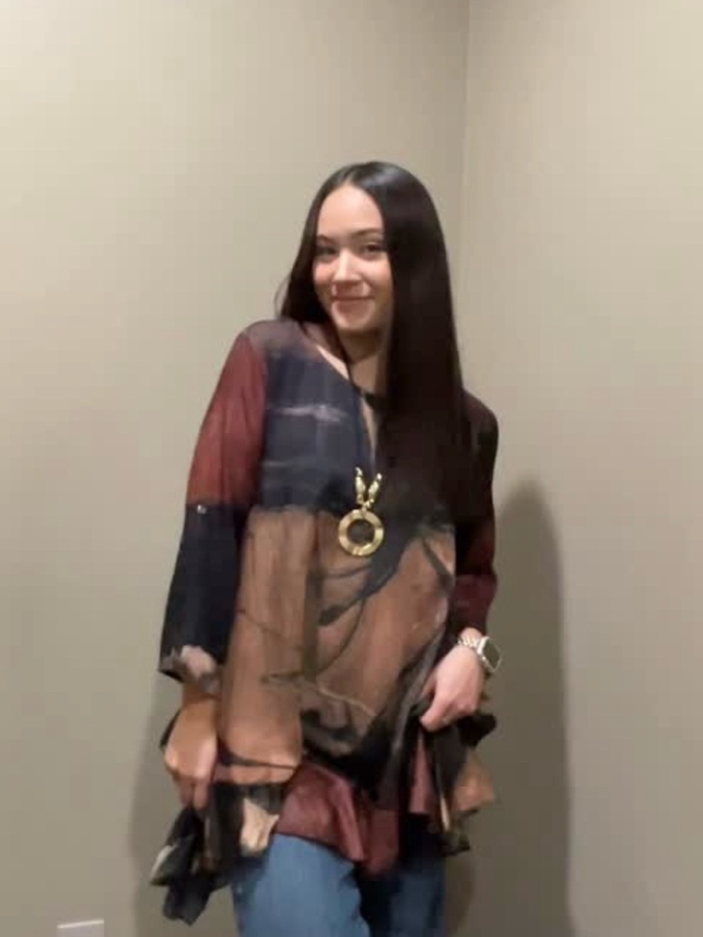 Abstract-Print Tunic Top in Black and Brown